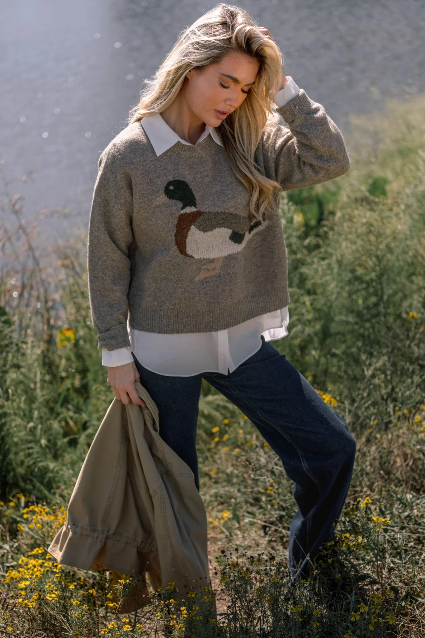 A Little Fowl Play Taupe Duck Intarsia Knit Sweater M/L / Brown | Red Dress