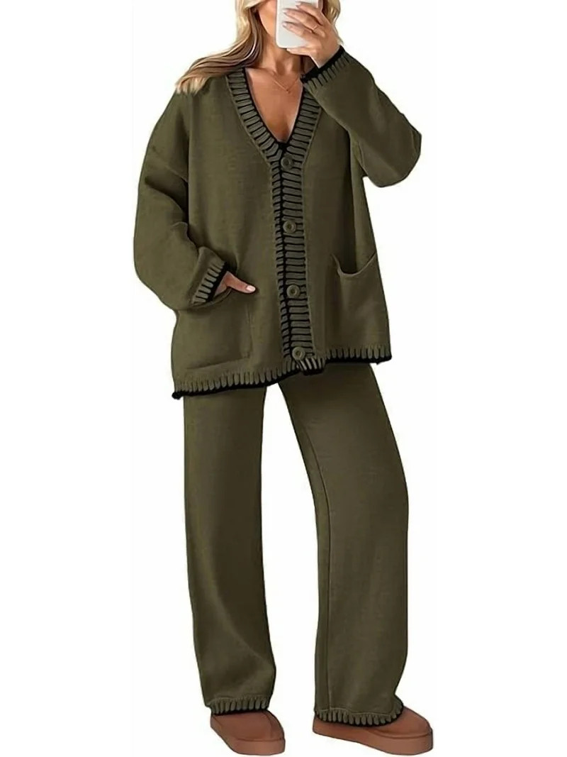 PRETTYGARDEN Women's 2 Piece Outfits Knit Matching Lounge Sets Long Sleeve V Neck Cardigan Sweate... | Walmart (US)