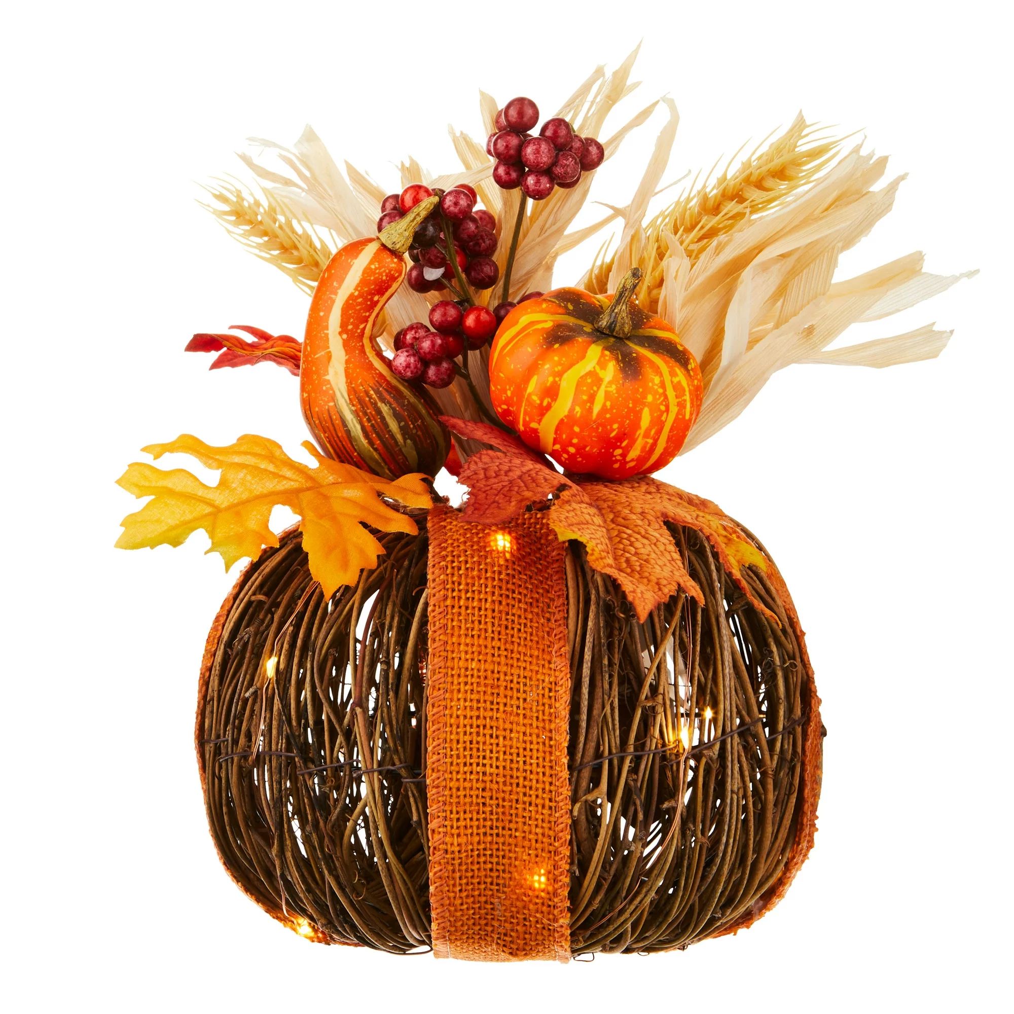 7 inch Height Harvest Orange Ribbon Pre-Lit Twig Pumpkin Decoration, Way to Celebrate | Walmart (US)