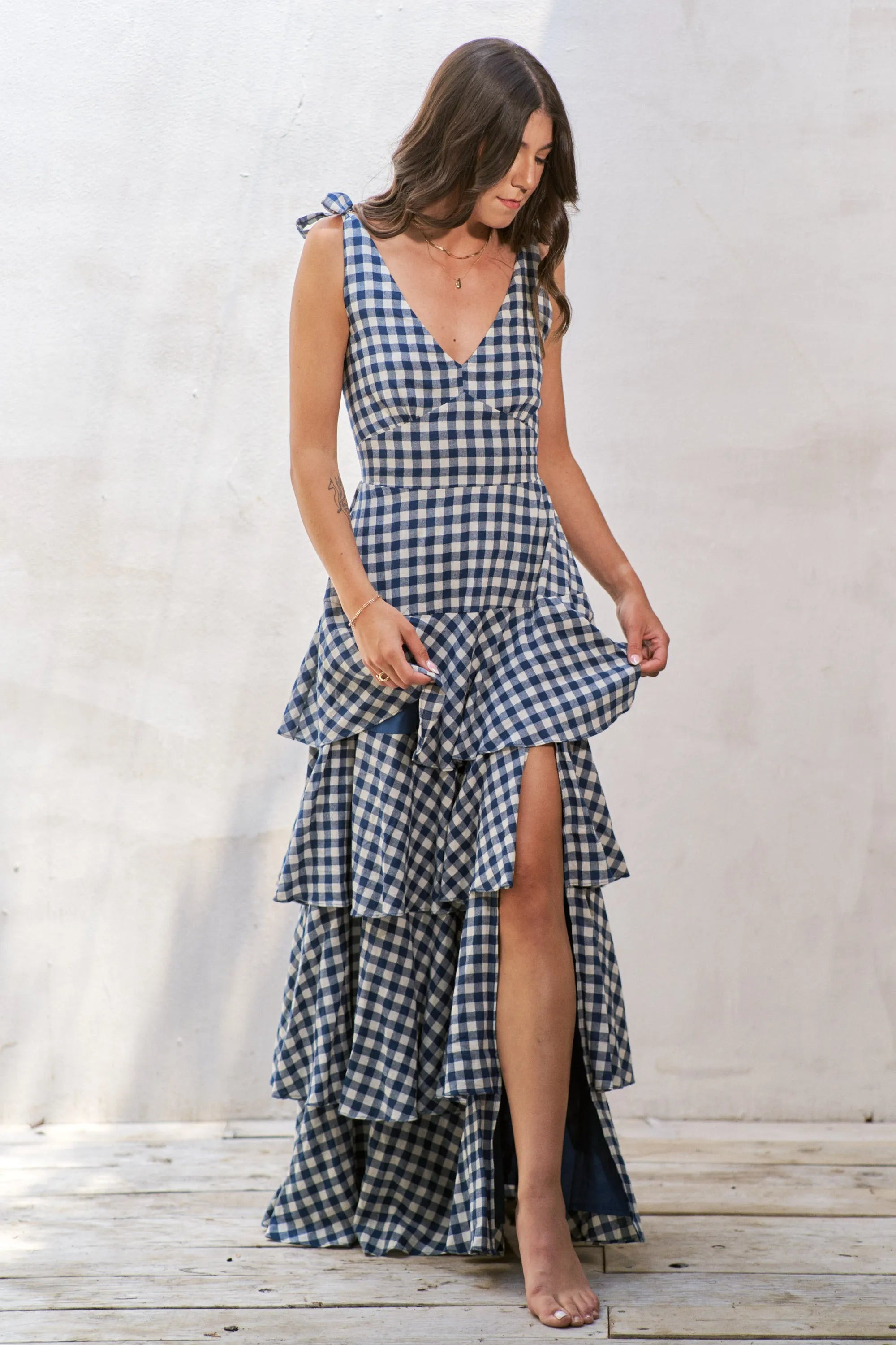 Gingham Tiered Maxi Dress NAVY / M | Casual Chic Boutique