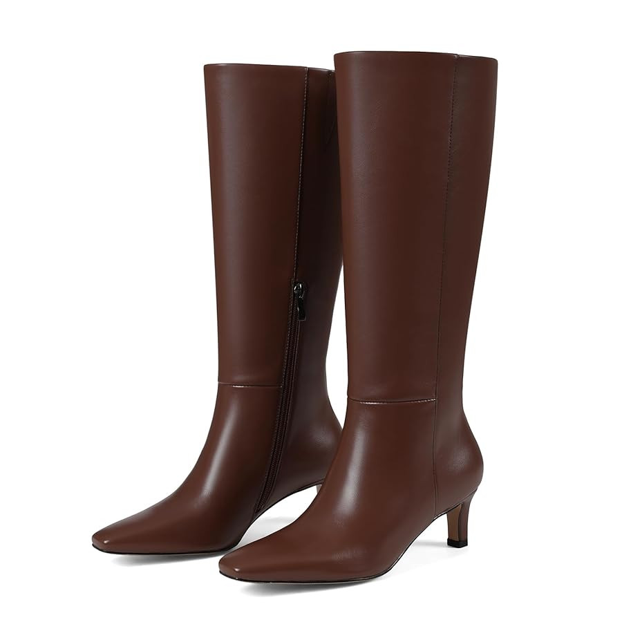 Knee High Long Boots for Women Wide Calf Kitten Low Heel Square Toe Leather Fall Winter Fashion T... | Amazon (US)