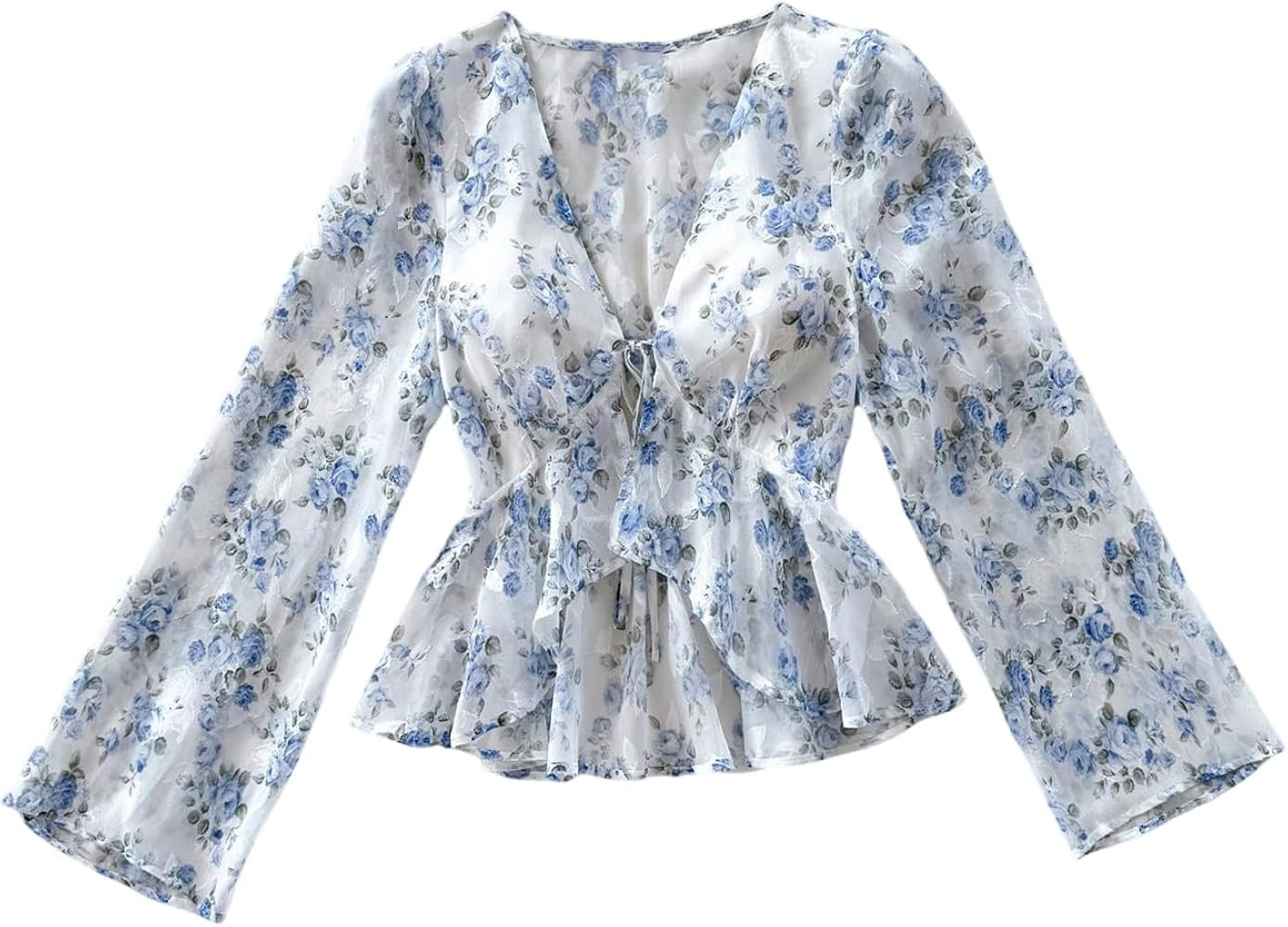 MakeMeChic Women's Floral Crop Tops V Neck Tie Front Ruffle Hem Long Sleeve Peplum Blouse | Amazon (US)