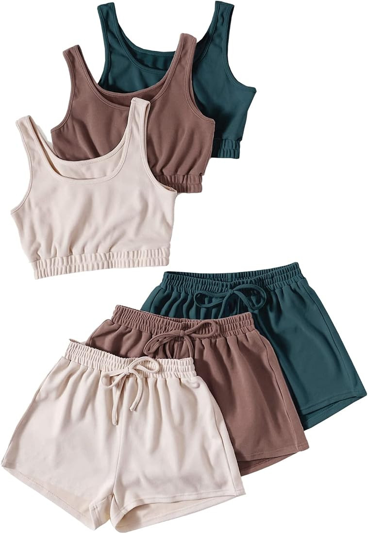 Women's 6 Pieces Lounge Set Crop Tank Top Elastic Waist Shorts Pajama Set Outfits | Amazon (US)