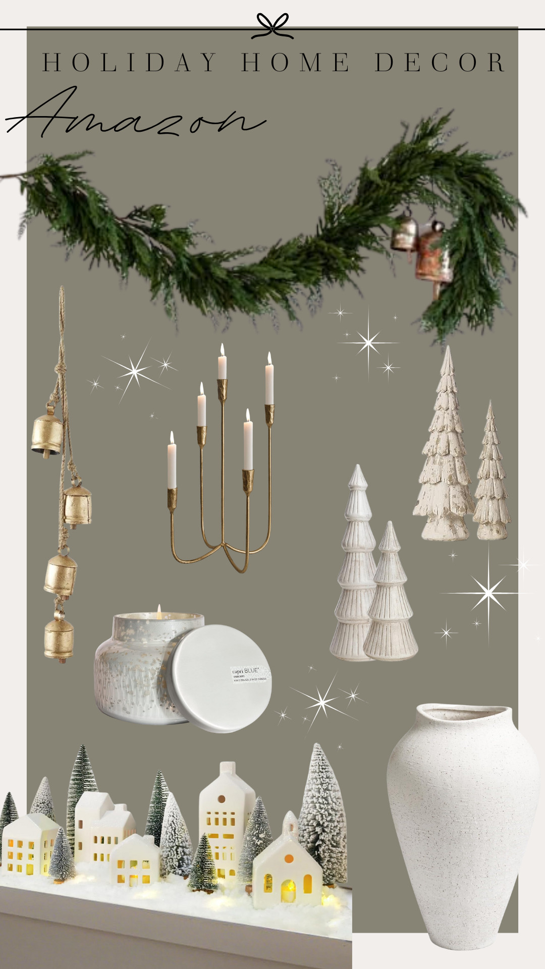 Holiday home decor / christmas decor / holiday candles / ceramic houses / christmas garland / decorative trees / christmas bells / holiday bells / gold holiday decor 

 #LTKHoliday #LTKSeasonal #LTKHome