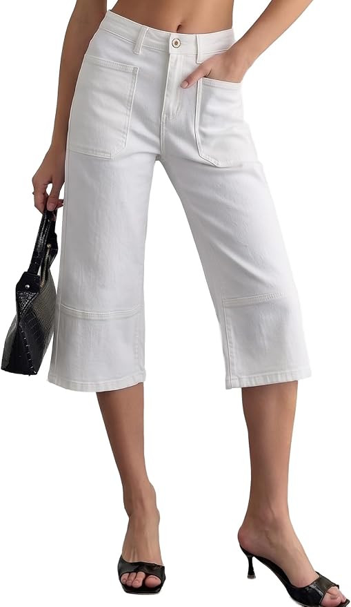 Sidefeel Women's Wide Leg Jeans High Waisted Stretchy Big Pockets Capri Denim Pants | Amazon (US)
