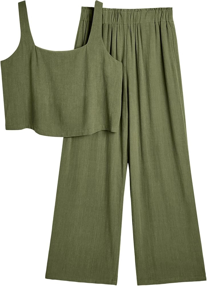 AUTOMET 2 Piece Summer Outfits for Women Casual Lounge Matching Sets Linen Crop Top Long Pants 20... | Amazon (US)