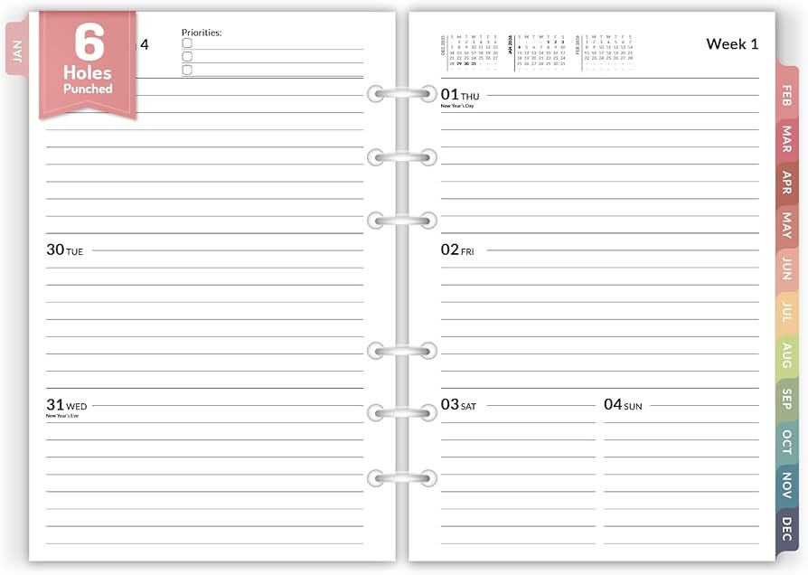 2026 Weekly & Monthly Planner Refills for A5 6-Ring Binders, Jan 2026 - Dec 2026, Forvencer 6-Hol... | Amazon (US)