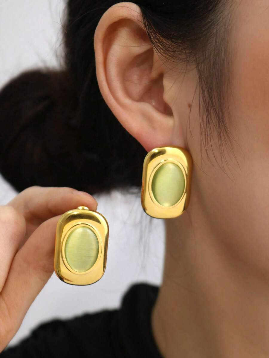 Frminee 1pair Women's Gemstone Pendant Stainless Steel Gold Earrings, Pink, Black, Green, Birthst... | SHEIN