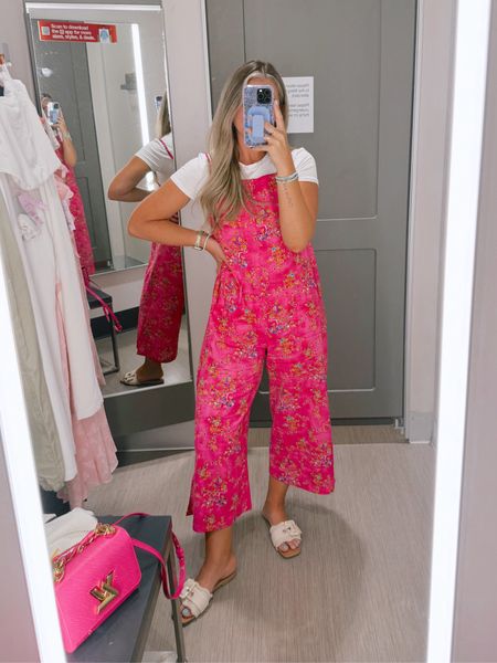 Outfit of the day 🩷 I size down to XS in the jumpsuit - it runs big!!! // my tee is the Abercrombie baby tee size small but I think the white may be sold out so I’ll link the target tee I also have and love and a bodysuit option you can do too 