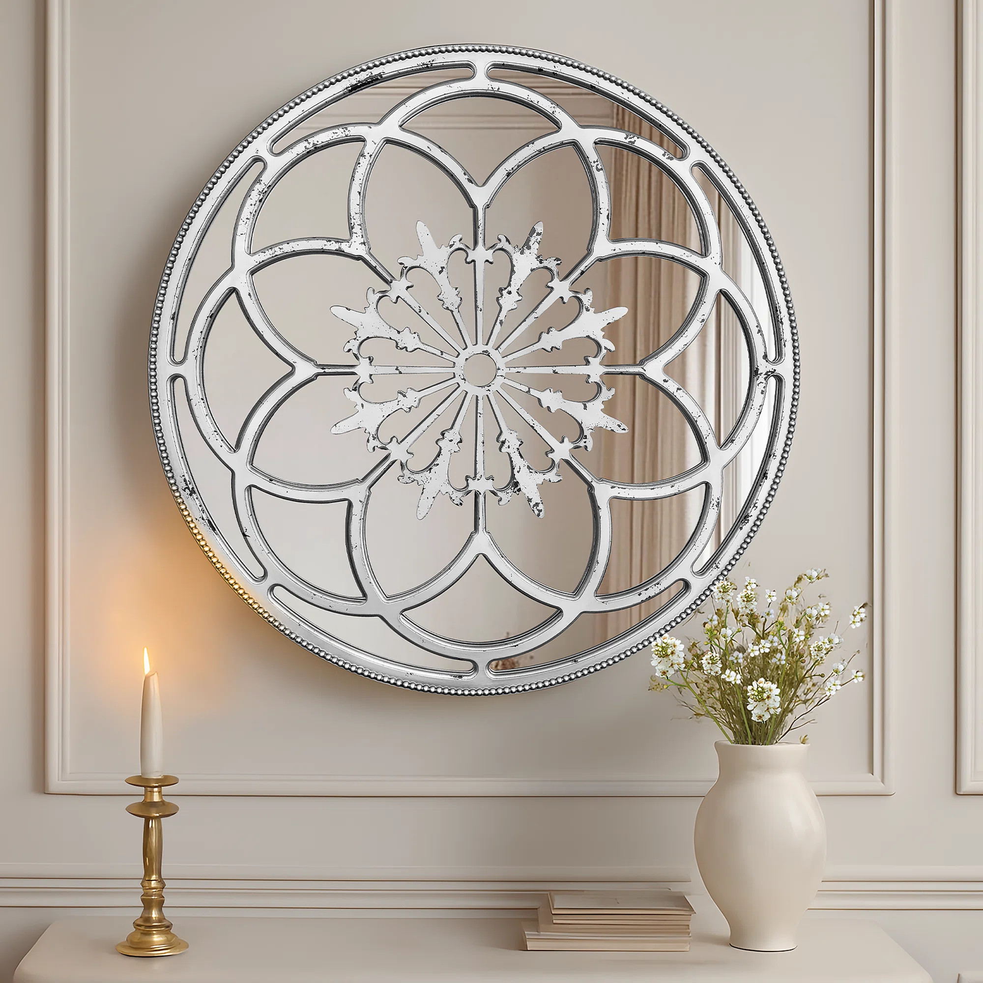 36" Gothic Rose Window Round Wall Mirror in Antique Silver | Wayfair North America
