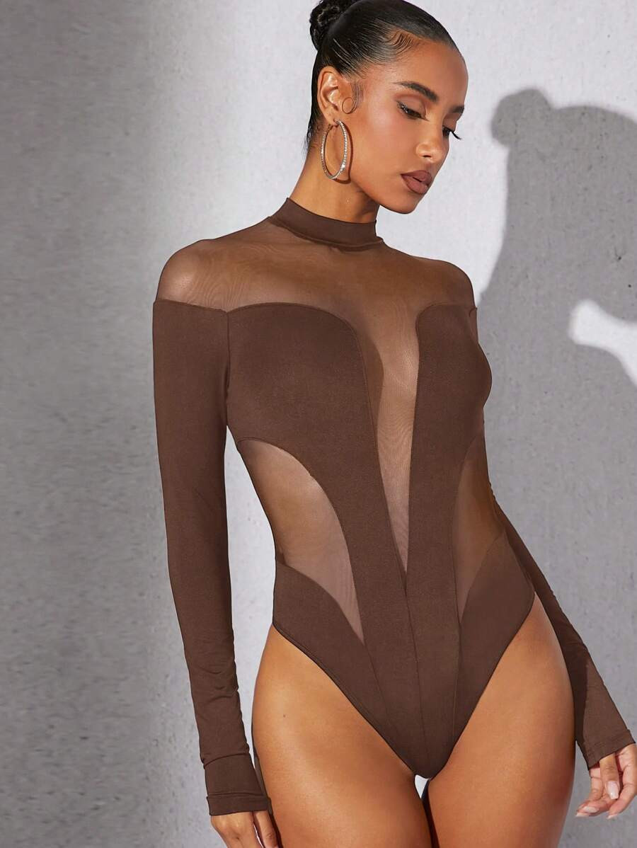 Hauture Women Solid Color Stand Collar Mesh Splice Long Sleeve Bodysuit | SHEIN