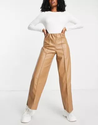 Pieces faux leather wide leg trousers in camel | ASOS (Global)
