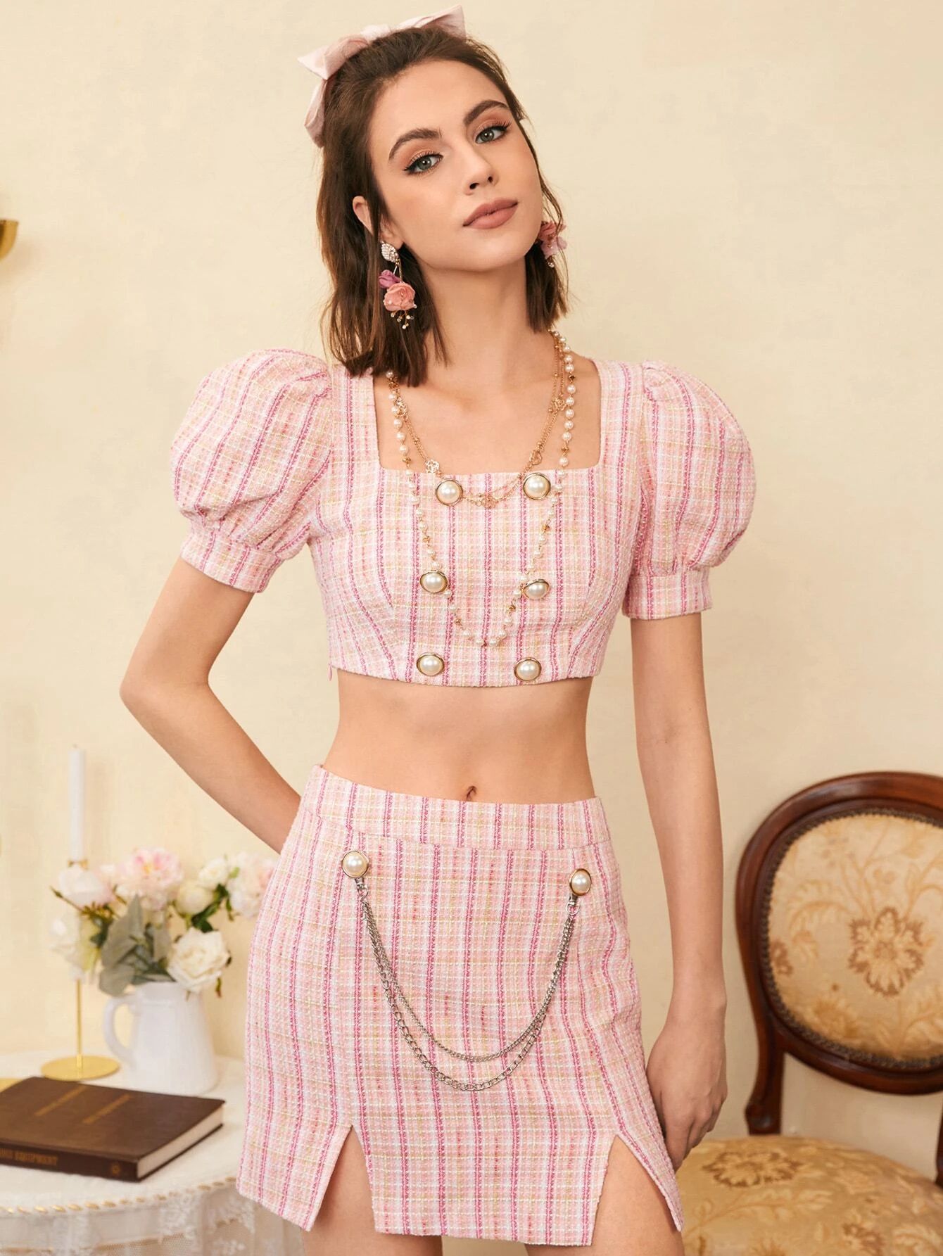 SHEIN Plaid Print Double Button Tweed Crop Top & M-slit Hem Skirt Set | SHEIN