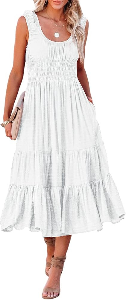 AlvaQ Women Summer Dresses Sleeveless Smocked Midi Dress High Waist Casual Tiered A Line Sundress... | Amazon (US)