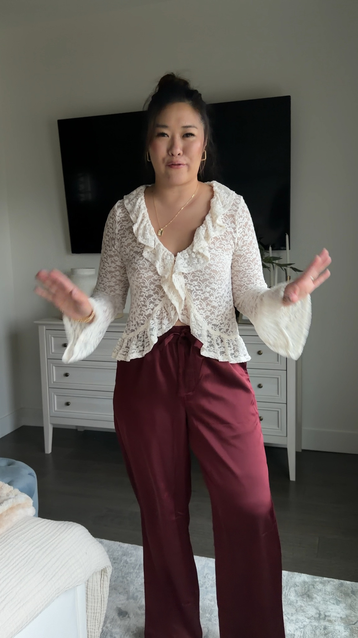 Target Holiday Outfits
Ruffle Top: Small
Satin Pants: Medium