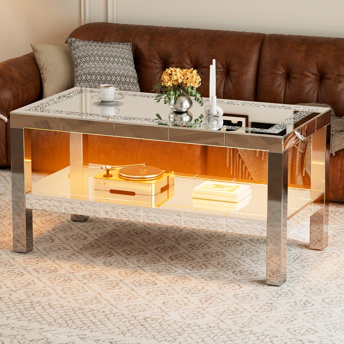 Mirrored 2 Tiers Coffee Table With Led, Rectangle Silver Living Room Table With Crushed Diamond A... | Wayfair North America