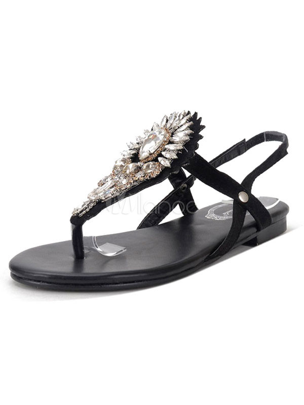 Black Flat Sandals Boho Rhinestones Beaded Toe Post Sandal Shoes For Women | Milanoo