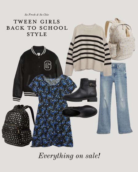 Neutral tween girls back to school outfit! Everything is on sale right now!
-
Gap kids - striped sweater black and white girls - flared jeans - black moto boots - ditsy floral dress shirt sleeves - black letter jacket - fall jacket - black and gold foil stamped backpack girls - neutral beige backpack girls - neutral girls style - back to school style - back to school fashion - first day of school outfit 

#LTKsalealert #LTKkids #LTKunder50