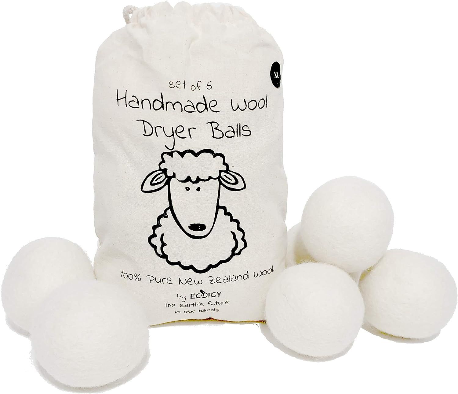 Wool Dryer Balls Organic XL 6-Pack by Ecoigy, Reusable Natural Fabric Softener for Laundry, Dryer... | Amazon (US)