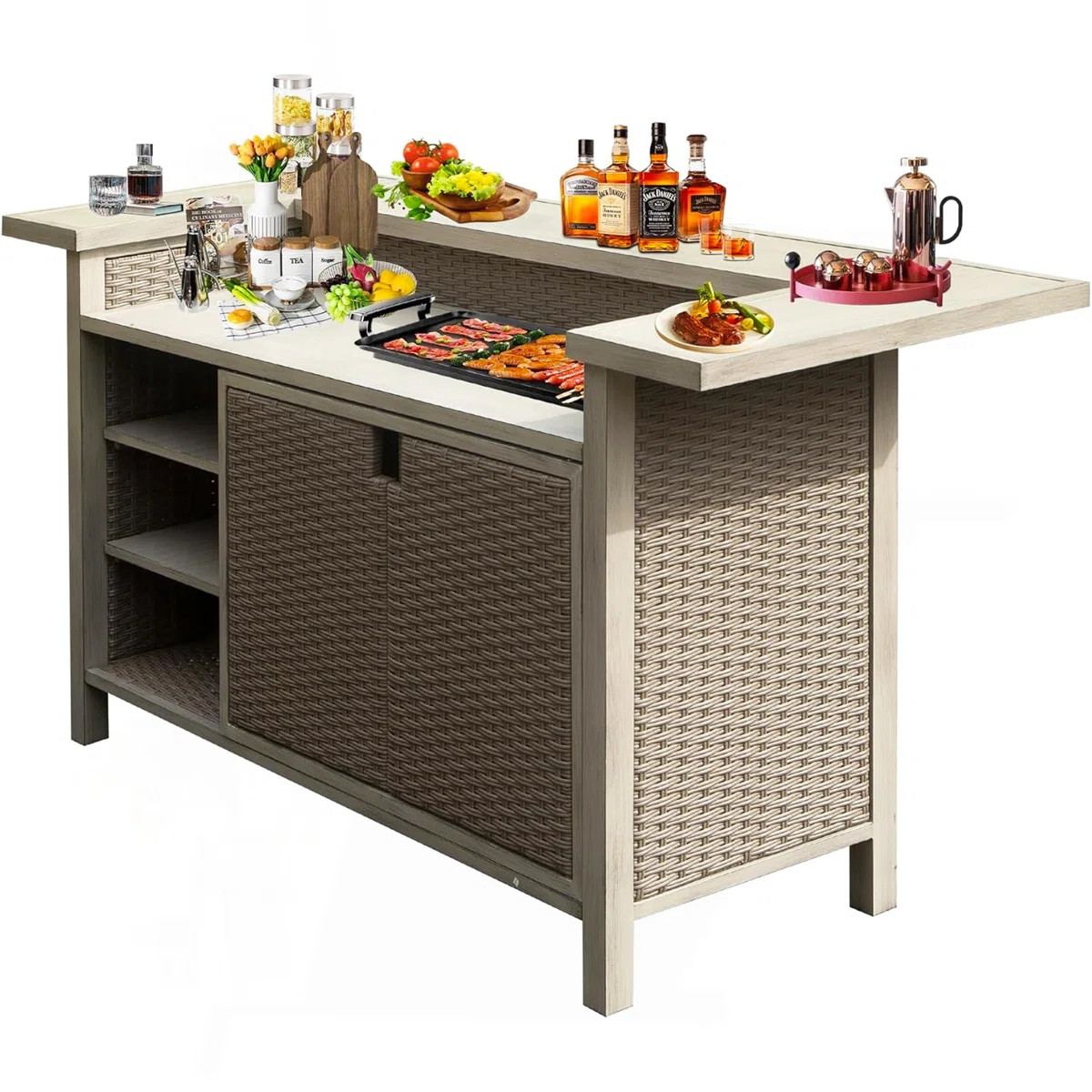 Patio Bar Table, Outdoor Aluminum PE Wicker Bar Cart with Cabinet, All Weather Use Storage Patio ... | Wayfair North America