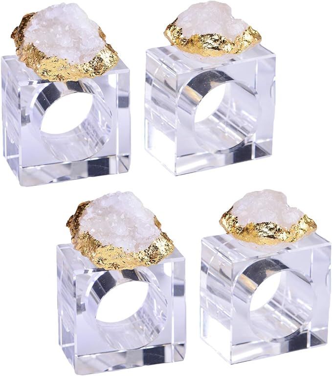 AMOYSTONE Square White Quartz Napkin Rings Set of 4 Crystal Napkin Holder Decorative Glass Base, ... | Amazon (US)