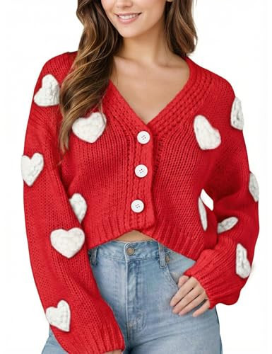 Women Valentines Day Cropped Cardigan Sweaters Love Heart Printed Open Front Button Down Knit Sweaters Tops(Red-S) | Amazon (US)