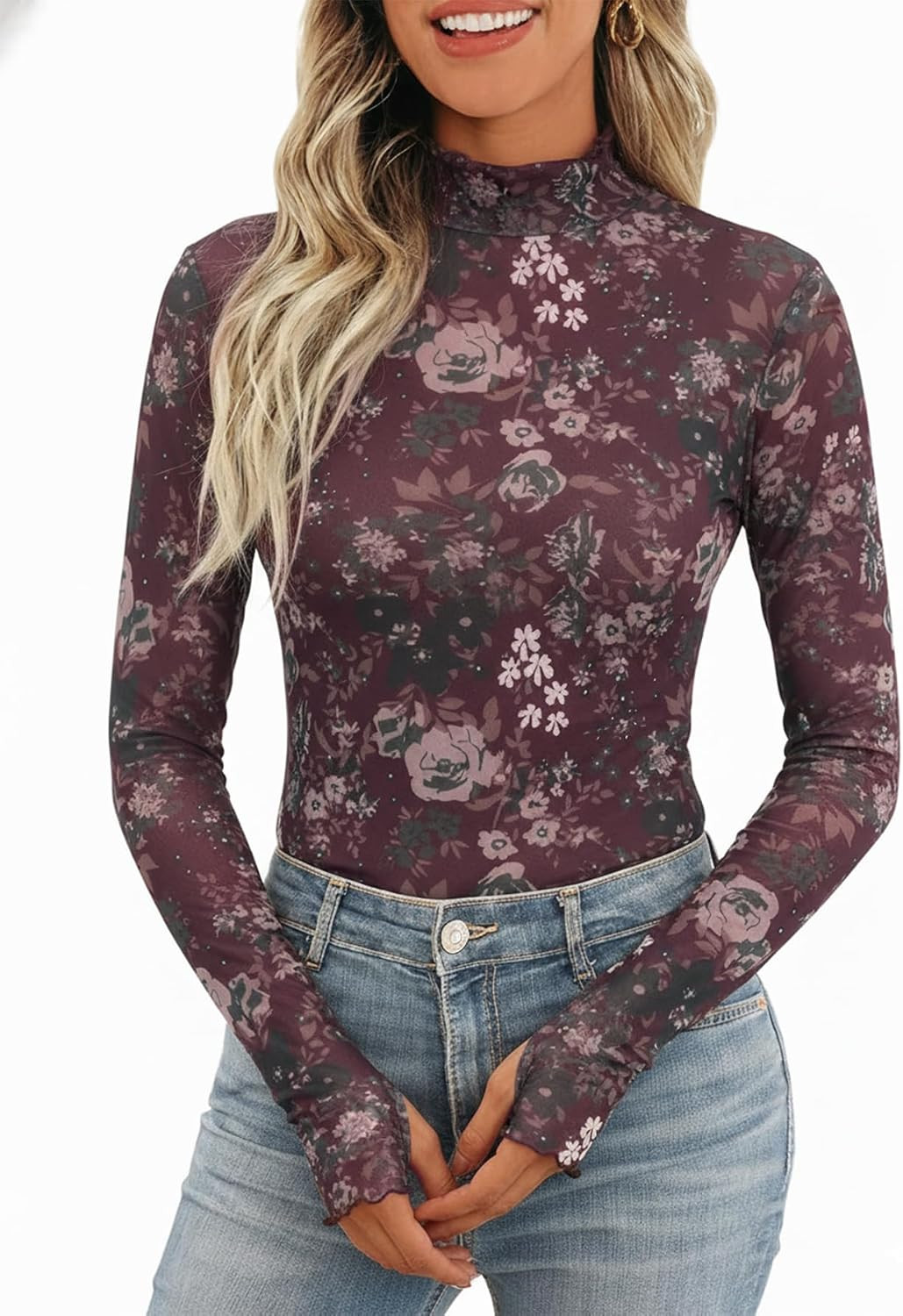 iGENJUN Lace Long Sleeve Shirts Sheer Floral Mesh Mock Neck Tops for Women Business Casual Fashion Fall Outfits 2026 | Amazon (US)