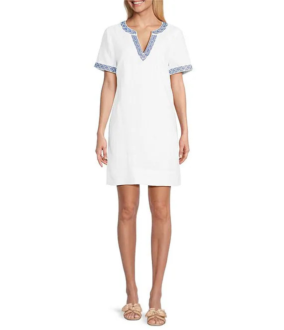 Two Palms Coastal Tiles Linen Blend Contrasting Trim Split Neck Short Sleeve Dress | Dillard's