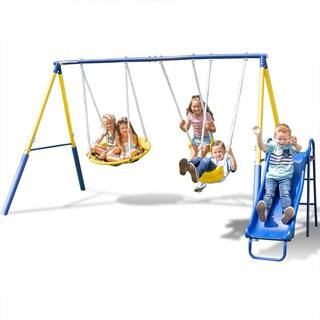 Super Saucer Metal Swing Playset with 2 Swings, Saucer Swing, & 5-FT Slide | The Home Depot