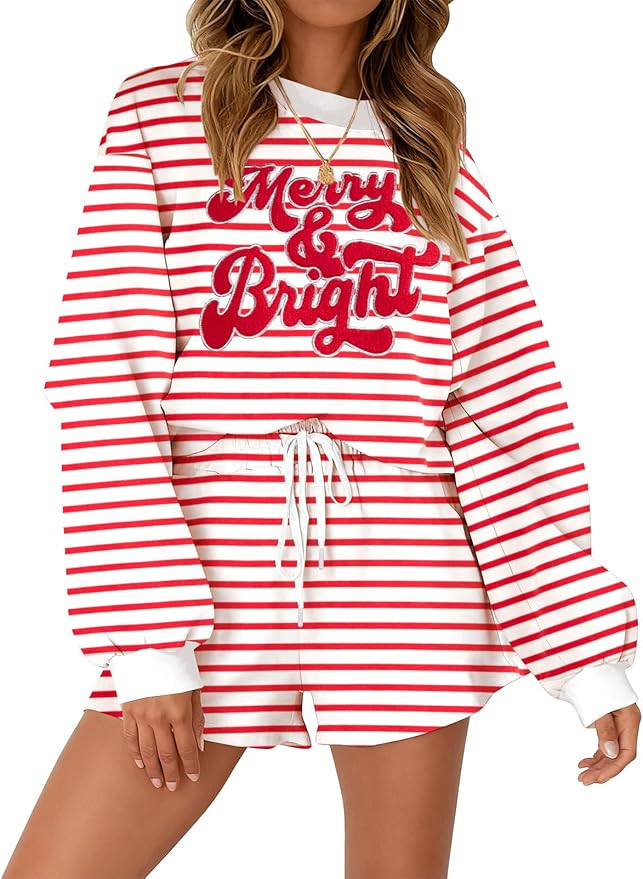Women 2 Piece Outfits Christmas Sweat Shorts Sets 2025 Oversized Casual Lounge Matching Set Sweat... | Amazon (US)