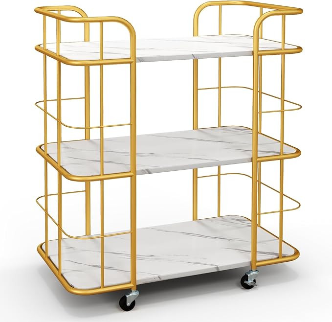 Giantex Gold Bar Cart, Home Island Service Cart, 3 Tier Storage Shelves with Guardrail, Imitation... | Amazon (US)