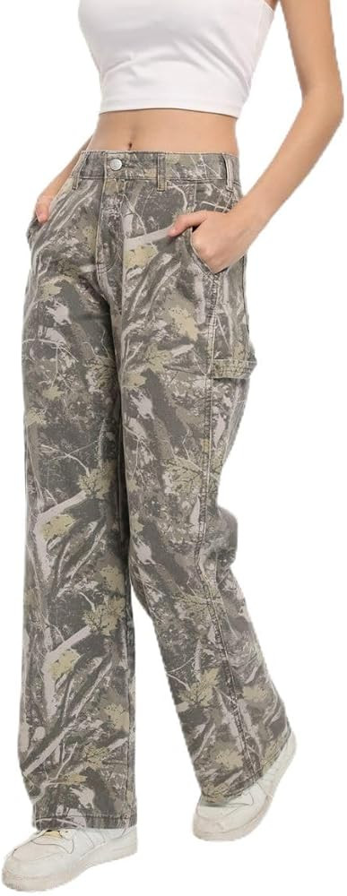 Women Camouflage Cargo Pants Straight Wide Leg Trousers Jeans with Pockets | Amazon (US)