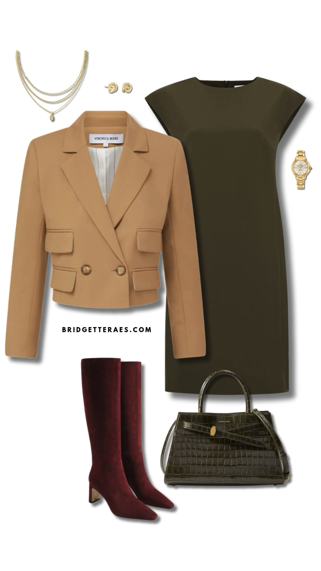 The olive sheath dress serves as a sleek, seasonally grounded foundation, elevated by a tailored camel cropped blazer that brings sharp contrast and timeless elegance. Burgundy knee-high suede boots inject a bold yet refined statement, perfectly echoed in the structured croc-embossed bag for a coordinated and luxurious finish. Gold layered chains and knot stud earrings add warmth and texture, while a gold watch ties in seamlessly, reinforcing the outfit’s polished tone. This look is a refined power move for the modern woman—confident, versatile, and beautifully balanced in both color and proportion.

#LTKItBag #LTKWorkwear #LTKStyleTip
