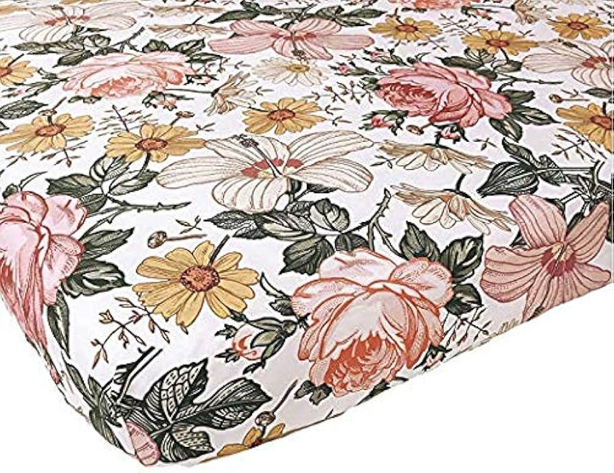 Amazon.com: Fitted Crib Sheet (Mini Size) - Garden Floral (White) Design, Woven 100% Cotton for B... | Amazon (US)