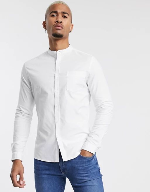 ASOS DESIGN smart skinny oxford shirt with grandad collar in white | ASOS US