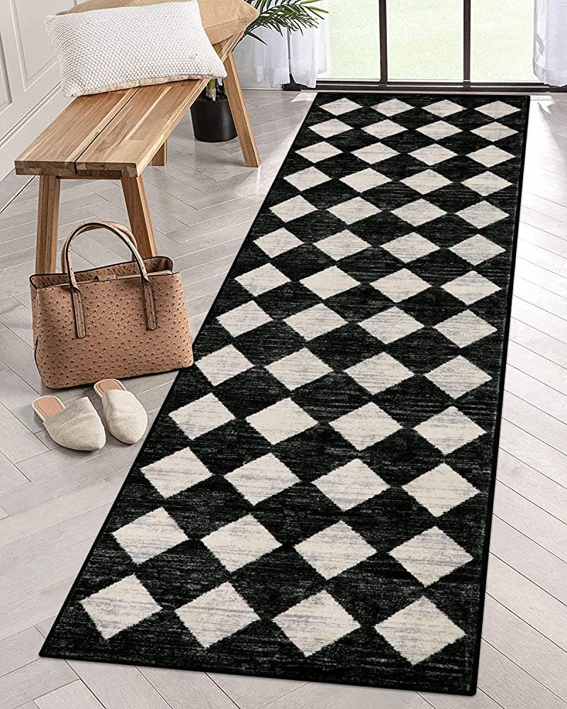 Lahome Moroccan Trellis Runner Rug - 2x8 Black Hallway Runner Rug with Rubber Backing, Checkered ... | Amazon (US)