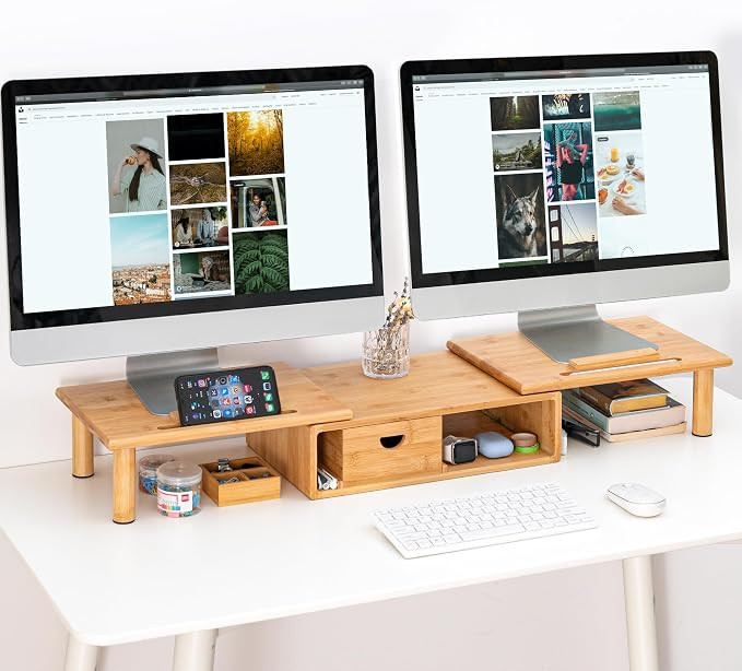 Dual Monitor Stand Riser with Drawer for Desk Laptop Desk Shelf with Adjustable Length and Angle,... | Amazon (US)