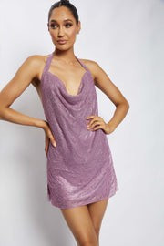 Meilani Low Back Diamante Mesh Mini Dress - Pink | MESHKI US