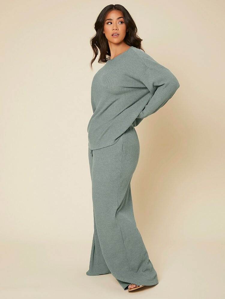 SHEIN BASICS Plus Drop Shoulder Tee and Tie Front Pants Set | SHEIN