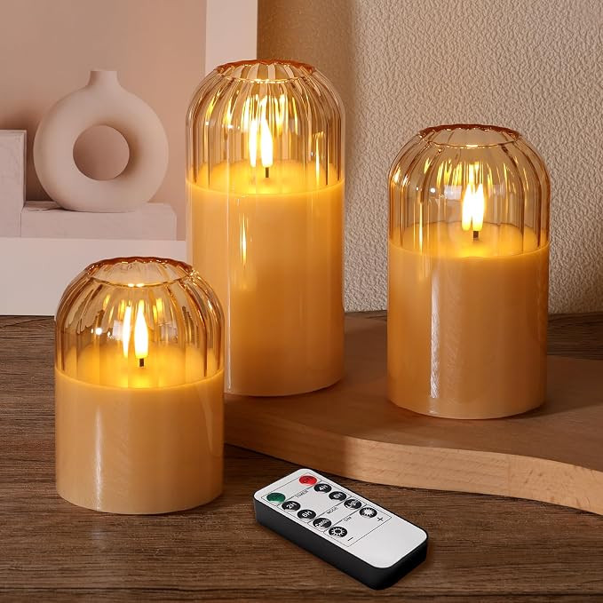 Gold Glass Flameless Candles with Remote, Real Wax Flickering Battery LED Pillar Candles Set of 3 | Amazon (US)