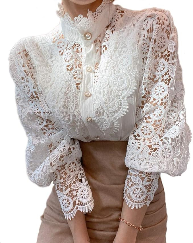 Women’s Elegant Lace Trim Shirts Casual Victorian Blouse Long Sleeve Button Down Tops | Amazon (US)