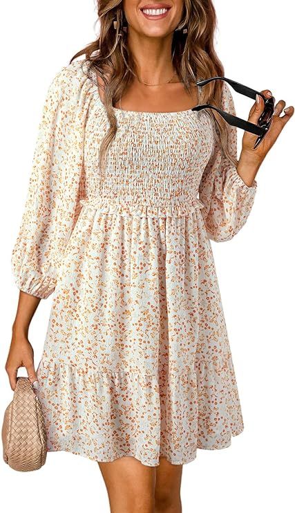 Dokotoo Womens Spring Summer Dresses Boho Floral Square Neck Smocked 3/4 Sleeve Casual A-Line Swi... | Amazon (US)