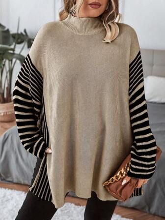 SHEIN Essnce Plus Contrast Striped Pattern Mock Neck Drop Shoulder Split Hem Sweater | SHEIN