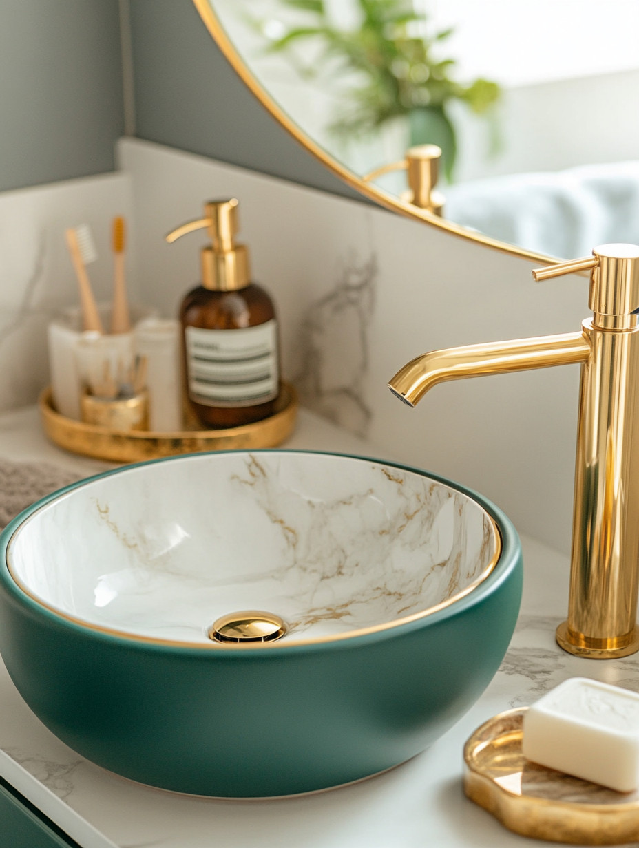 Create a high-end restaurant–style powder room at home by combining deep teal green, warm gold accents, and crisp white marble—an effortlessly luxurious trio that never fails. The sculptural green basin instantly becomes the focal point, while polished gold hardware, faucet, and accessories add that refined, upscale glow associated with boutique hotels and Michelin-inspired interiors. White marble grounds the look with timeless elegance, keeping the space fresh, clean, and elevated rather than overpowering. Complete the design with gold towel bars and coordinating accessories to maintain visual continuity and a fully curated feel. With just a few intentional elements, this powder room transforms into a bold yet elegant statement space that feels indulgent, modern, and impeccably styled.

#LuxuryBathroomDesign #GoldAndGreenDecor #PowderRoomInspo 

 #LTKHome