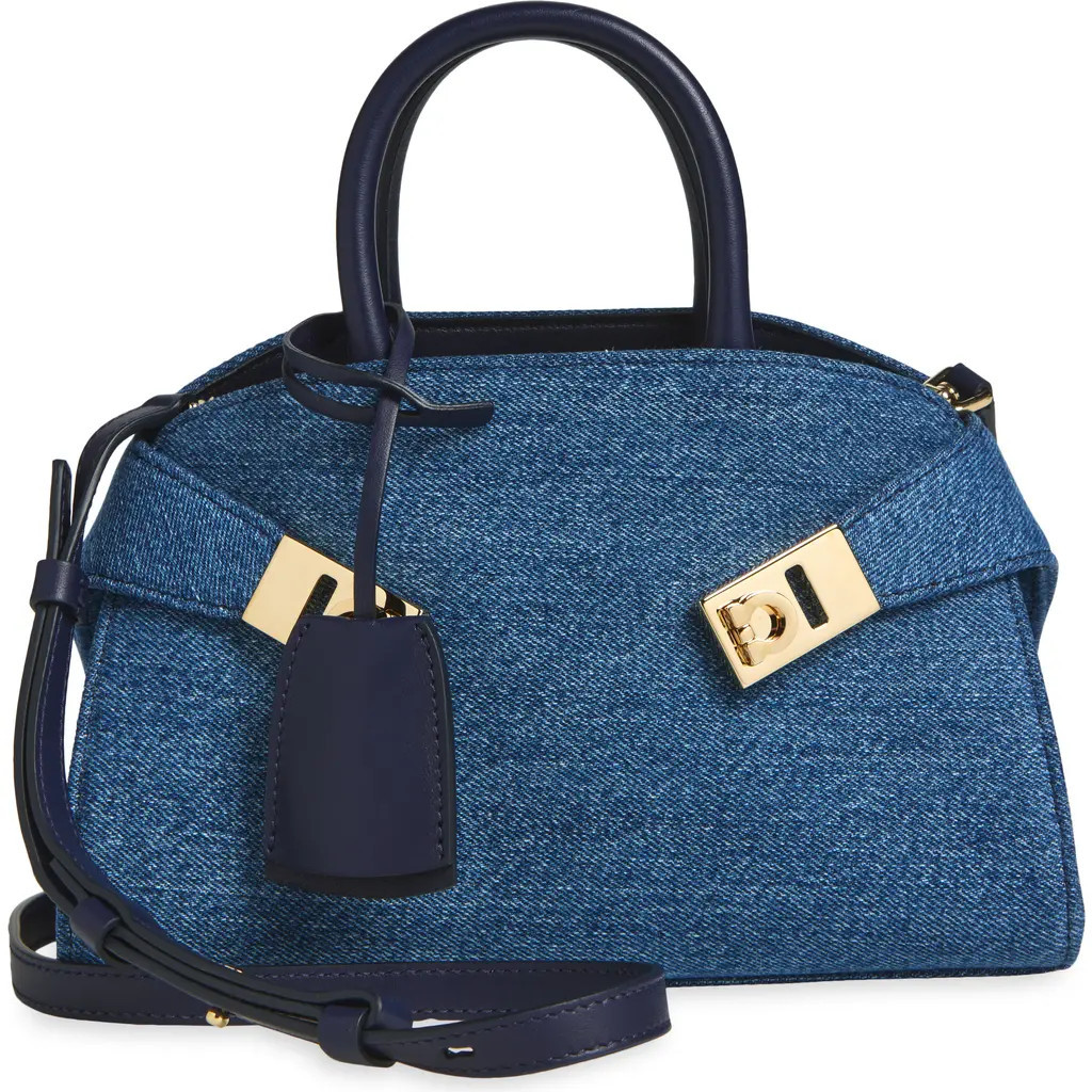 FERRAGAMO Mini Hug Denim Top Handle Bag in Denim/Midnight at Nordstrom | Nordstrom