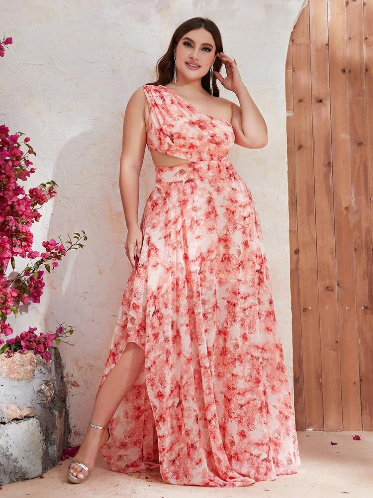 Plus Allover Floral Print One Shoulder Cut Out Waist Chiffon Dress | SHEIN