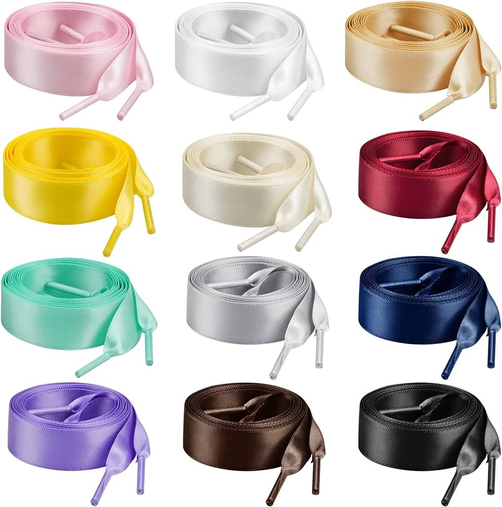 12 Pairs 47" Flat Satin Ribbon Shoelaces Colorful Silk Shoestrings Wide Shoe Laces for Sneakers S... | Amazon (US)