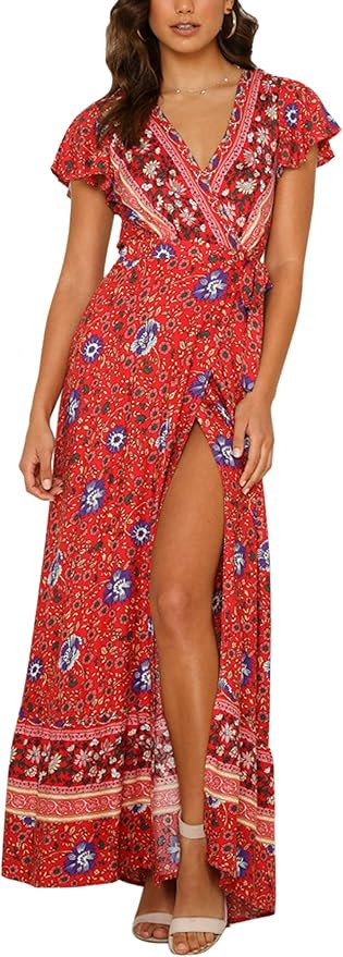 ECOWISH Women's Dresses Bohemian Wrap V Neck Short Sleeve Ethnic Style High Split Beach Maxi Dres... | Amazon (US)