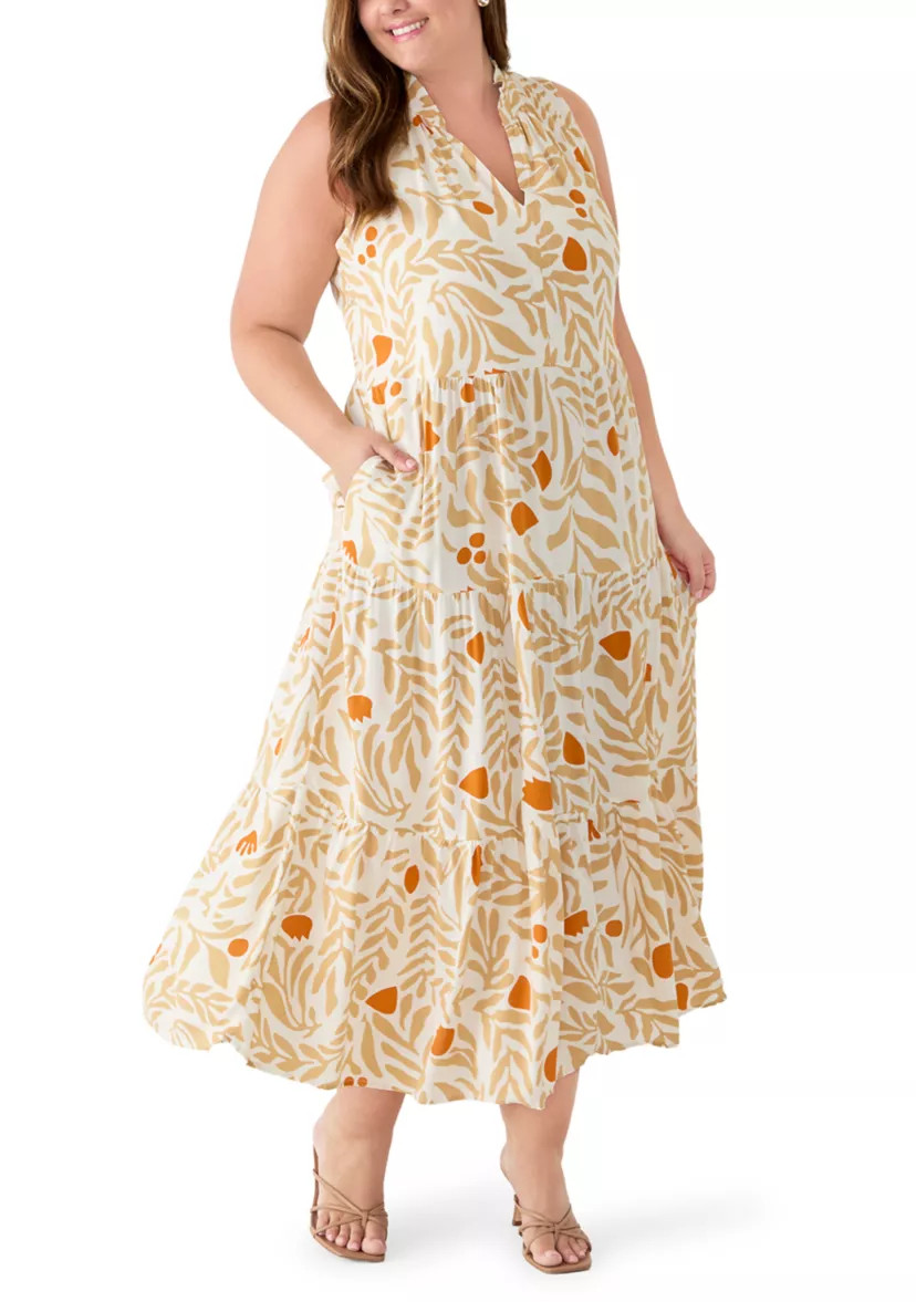 Plus Size Challis Sleeveless V-Neck Tiered Dress | Belk