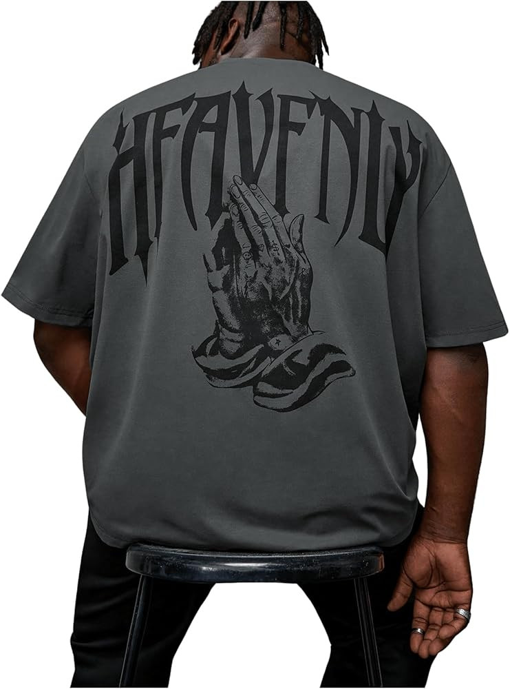 GORGLITTER Men's Plus Letter Hand Graphic Tee Crewneck Half Sleeve Drop Shoulder T Shirt | Amazon (US)